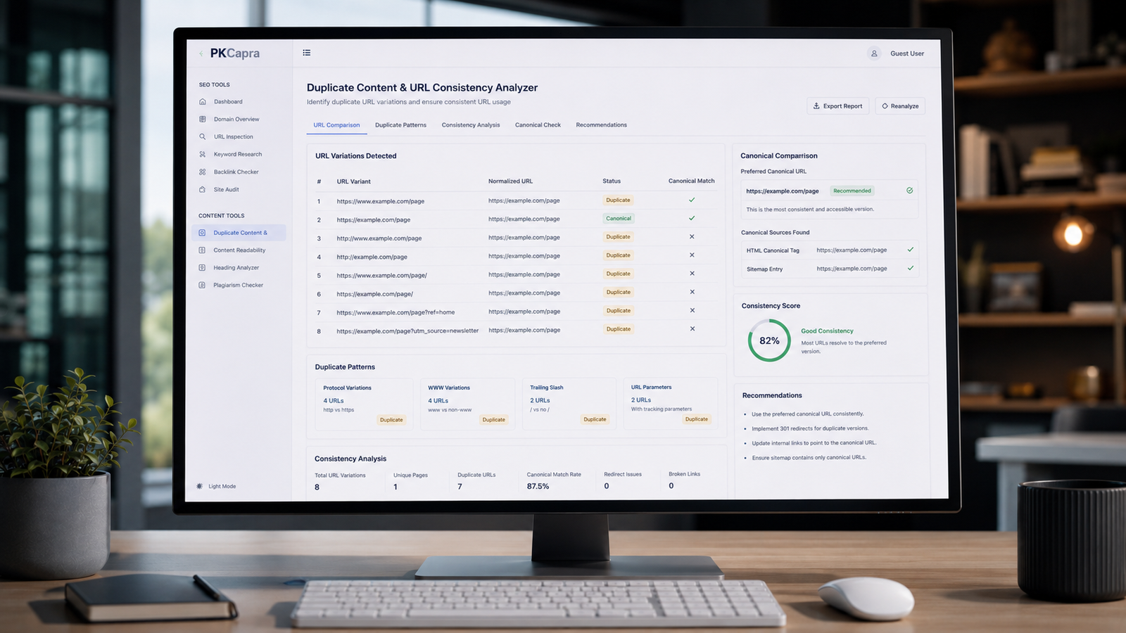 PKCapra Duplicate Content and URL Consistency Analyzer comparing URL variations and canonical URLs