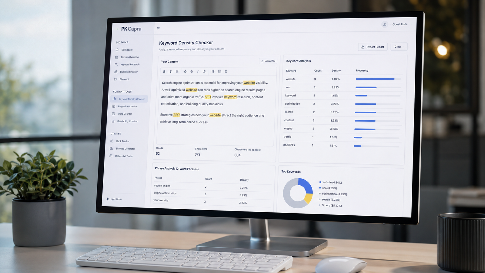 PKCapra Keyword Density Checker analyzing keyword frequency and density