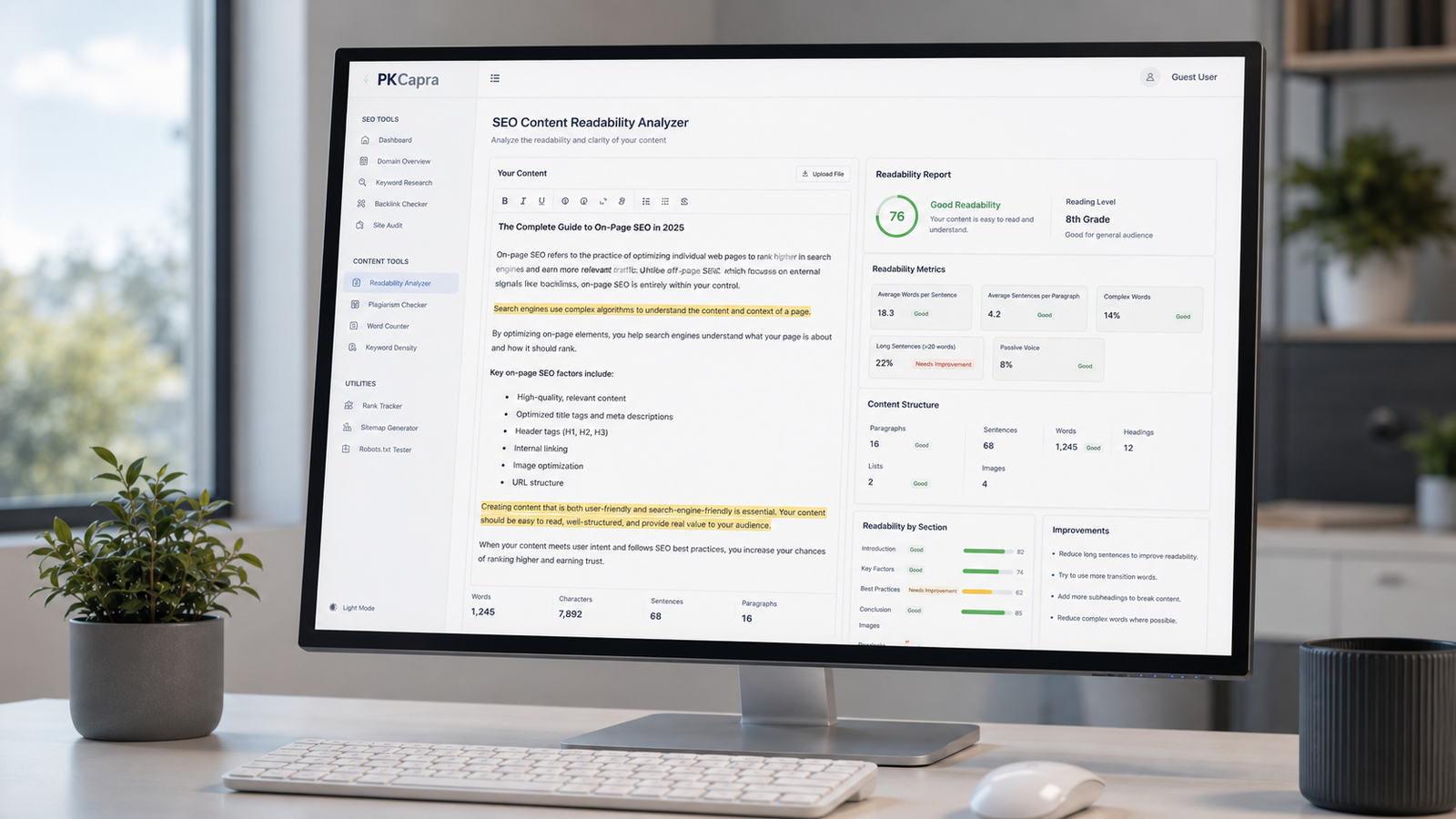 PKCapra SEO Content Readability Analyzer showing readability and content structure metrics