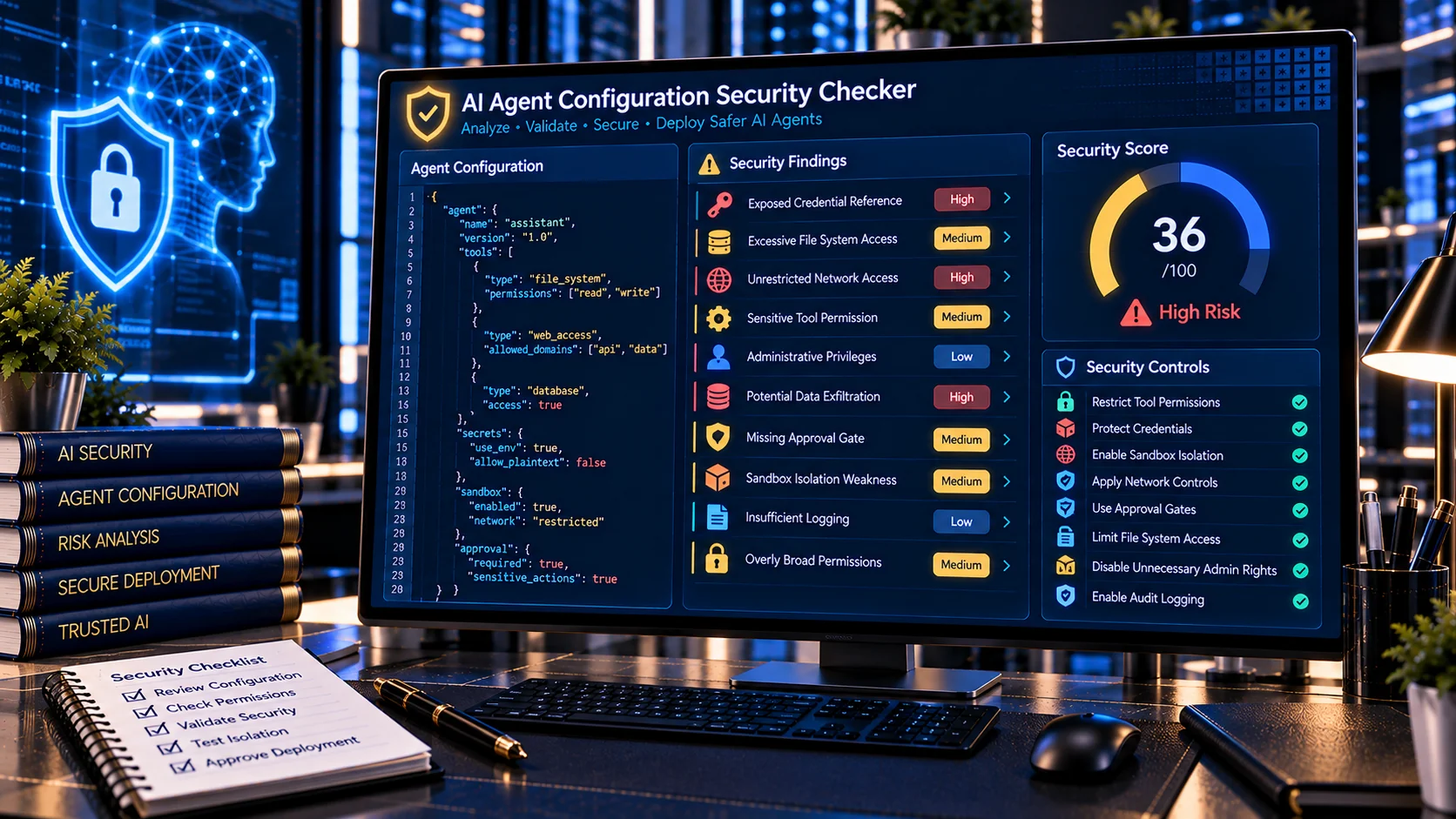 AI Agent Configuration Security Checker analyzing agent permissions and security settings