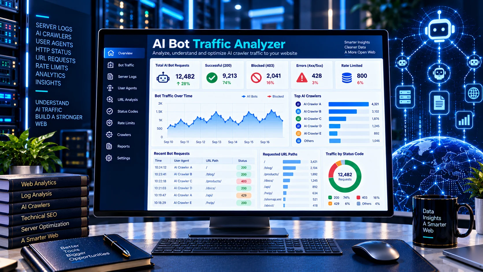 AI Bot Traffic Analyzer analyzing AI crawler requests, server logs and HTTP status codes