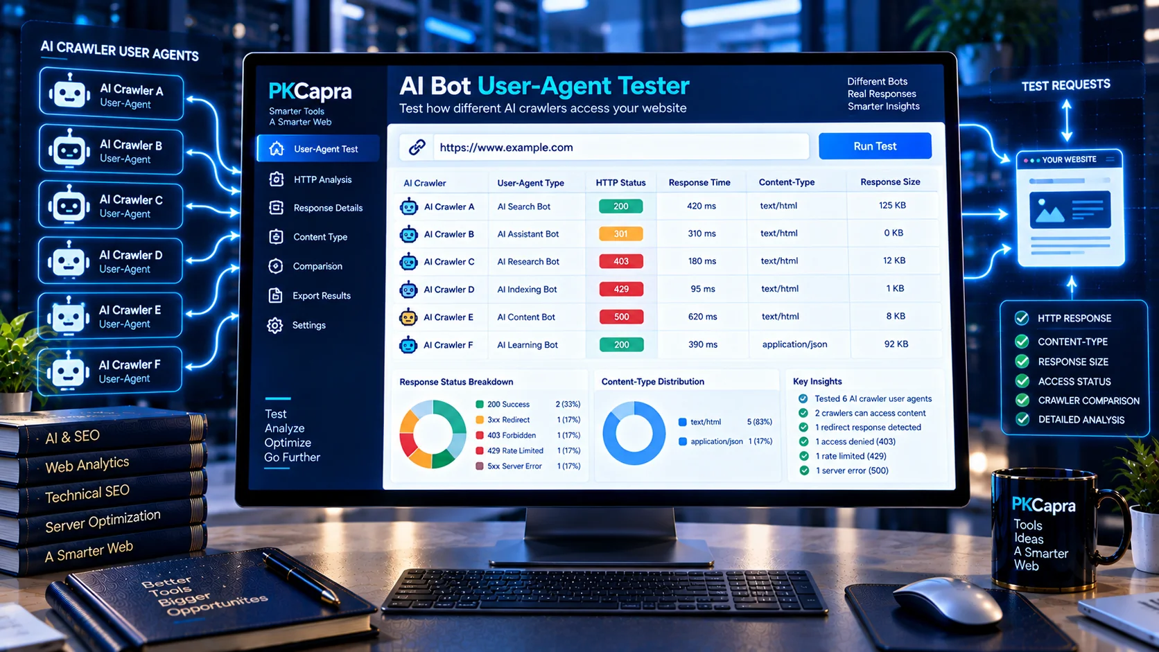 AI Bot User-Agent Tester comparing AI crawler HTTP responses and access behavior