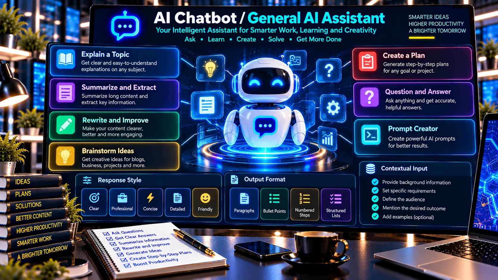 AI Chatbot General AI Assistant for explanations summaries rewriting planning and prompts