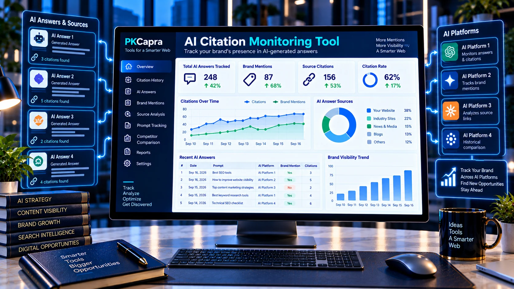 AI Citation Monitoring Tool tracking AI mentions, citations and historical visibility trends