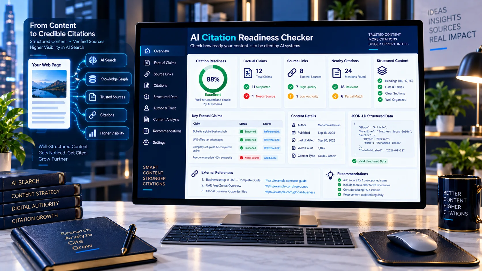 AI Citation Readiness Checker analyzing webpage claims, sources and citation signals