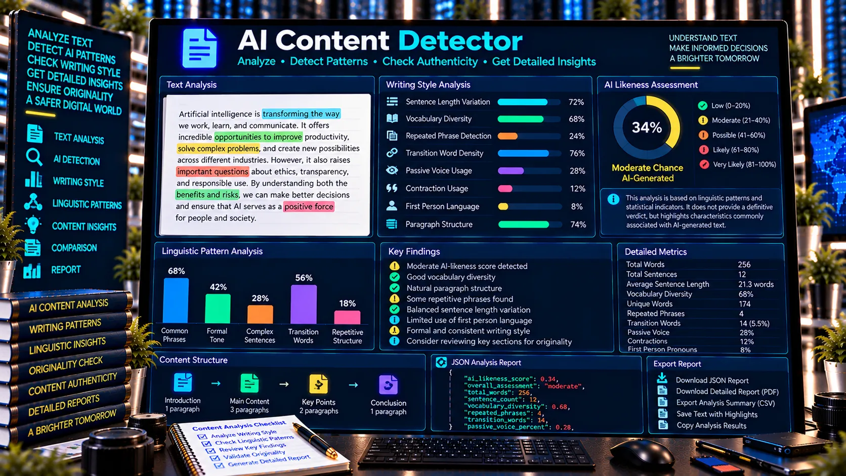 AI Content Detector analyzing sentence patterns vocabulary and AI-likeness signals