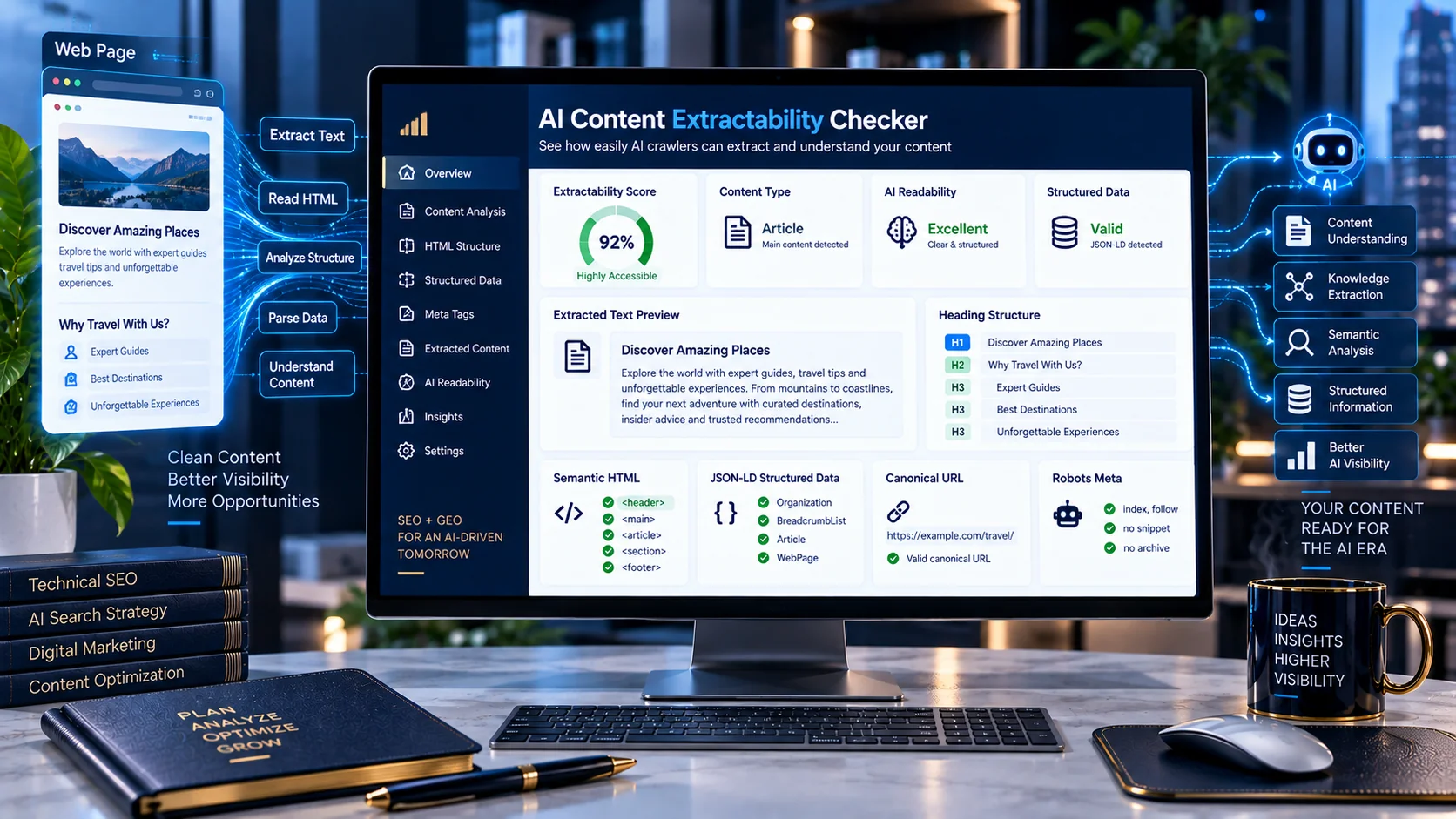 AI Content Extractability Checker analyzing webpage HTML and structured content