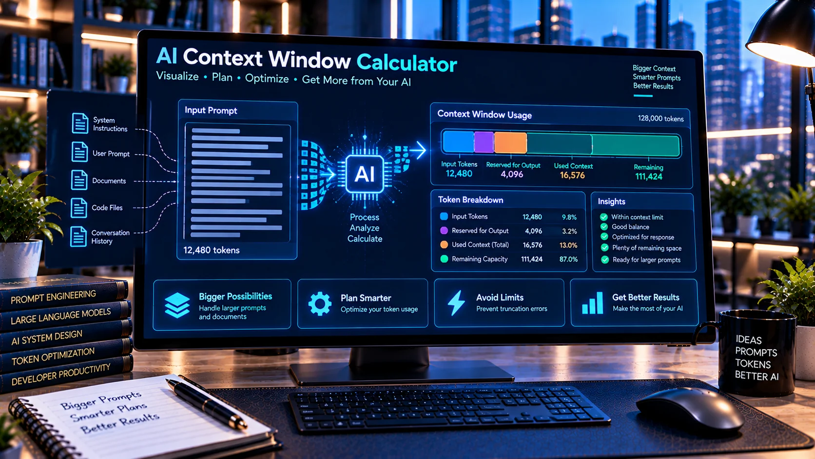 AI Context Window Calculator estimating prompt token usage and remaining capacity