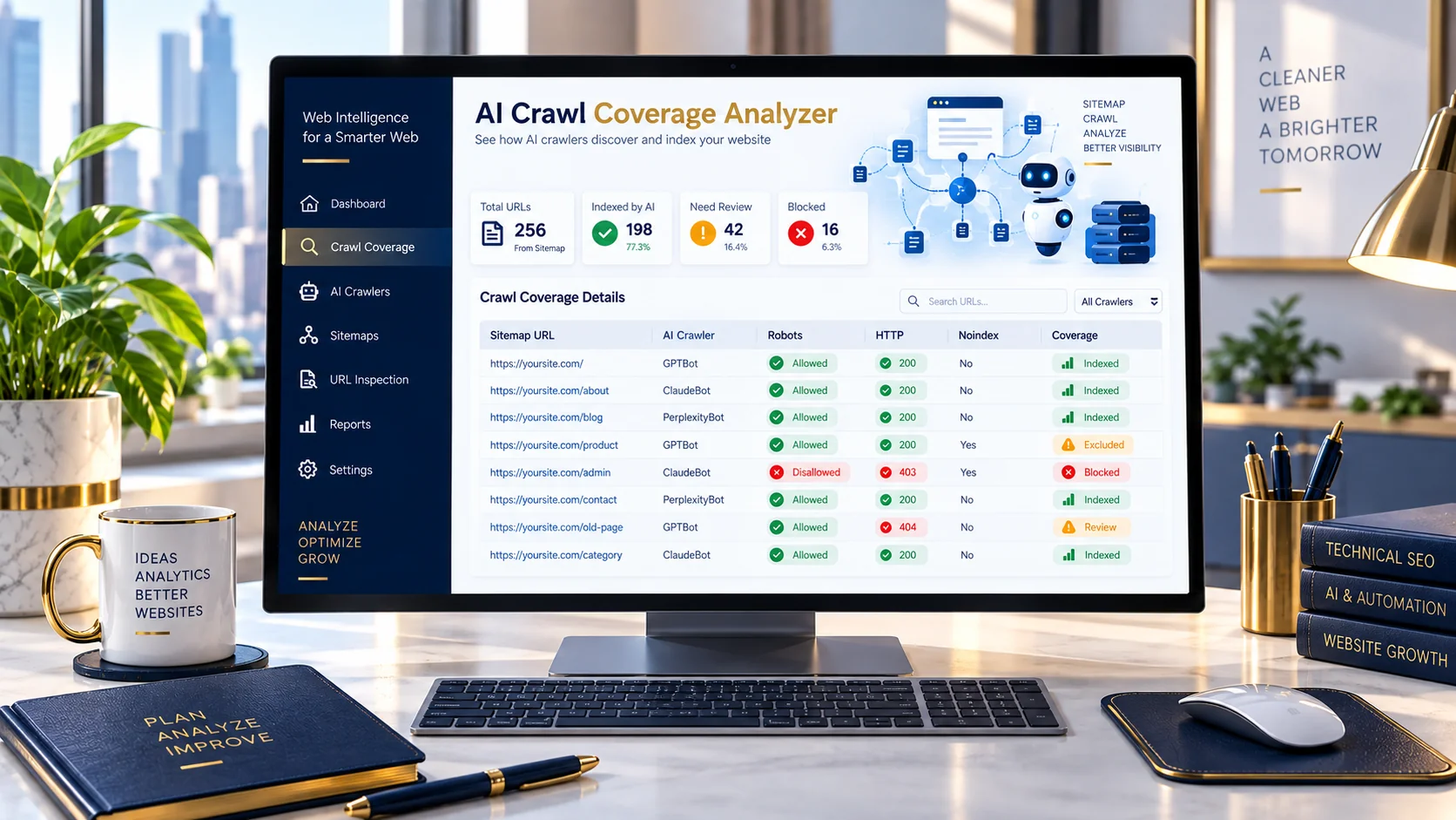AI Crawl Coverage Analyzer comparing sitemap URLs, robots.txt and AI crawler access