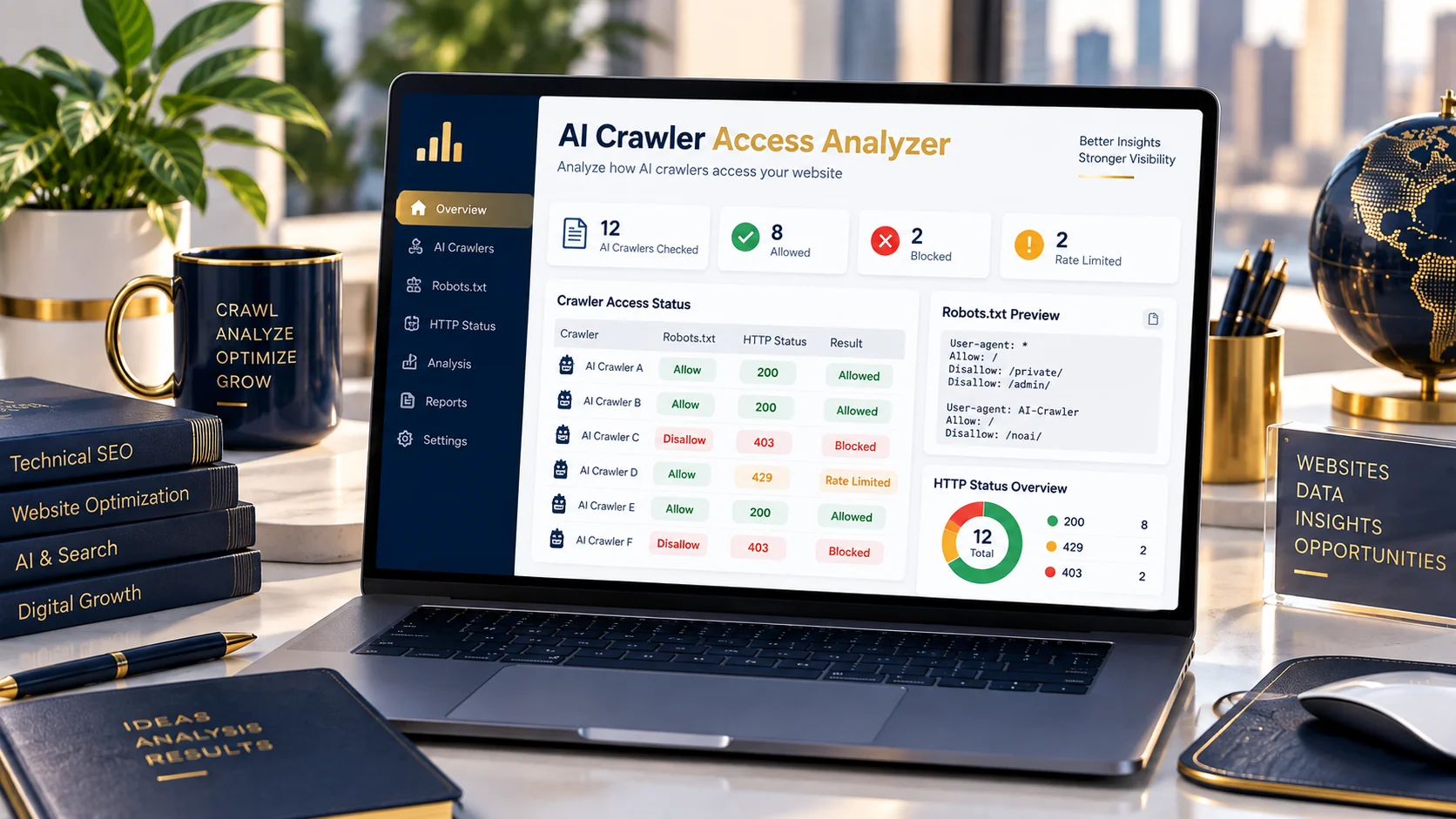 AI Crawler Access Analyzer checking robots.txt rules and AI crawler HTTP access