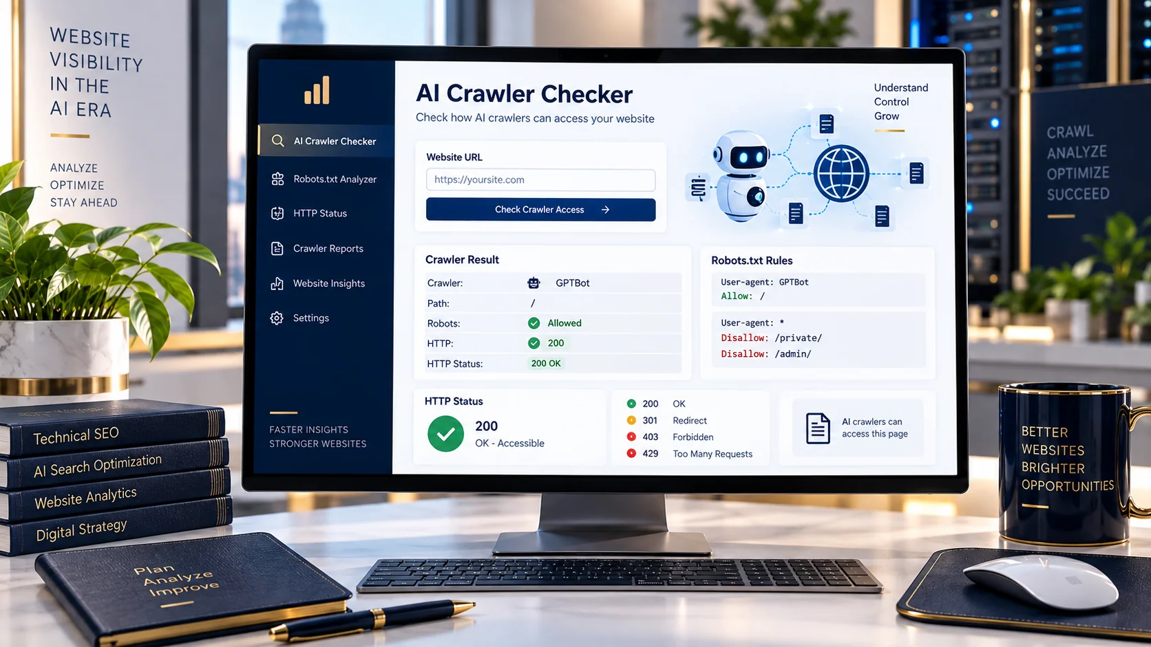 AI Crawler Checker showing AI bot access and robots.txt rules
