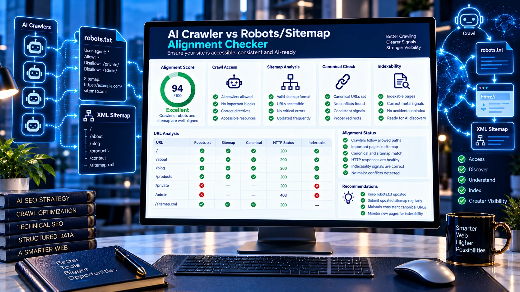 AI Crawler vs Robots/Sitemap Alignment Checker