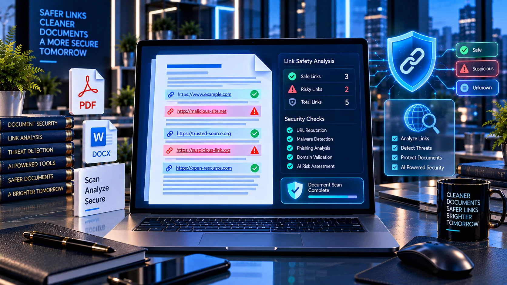 AI Document Link Safety Checker analyzing hyperlinks and suspicious URLs in a document