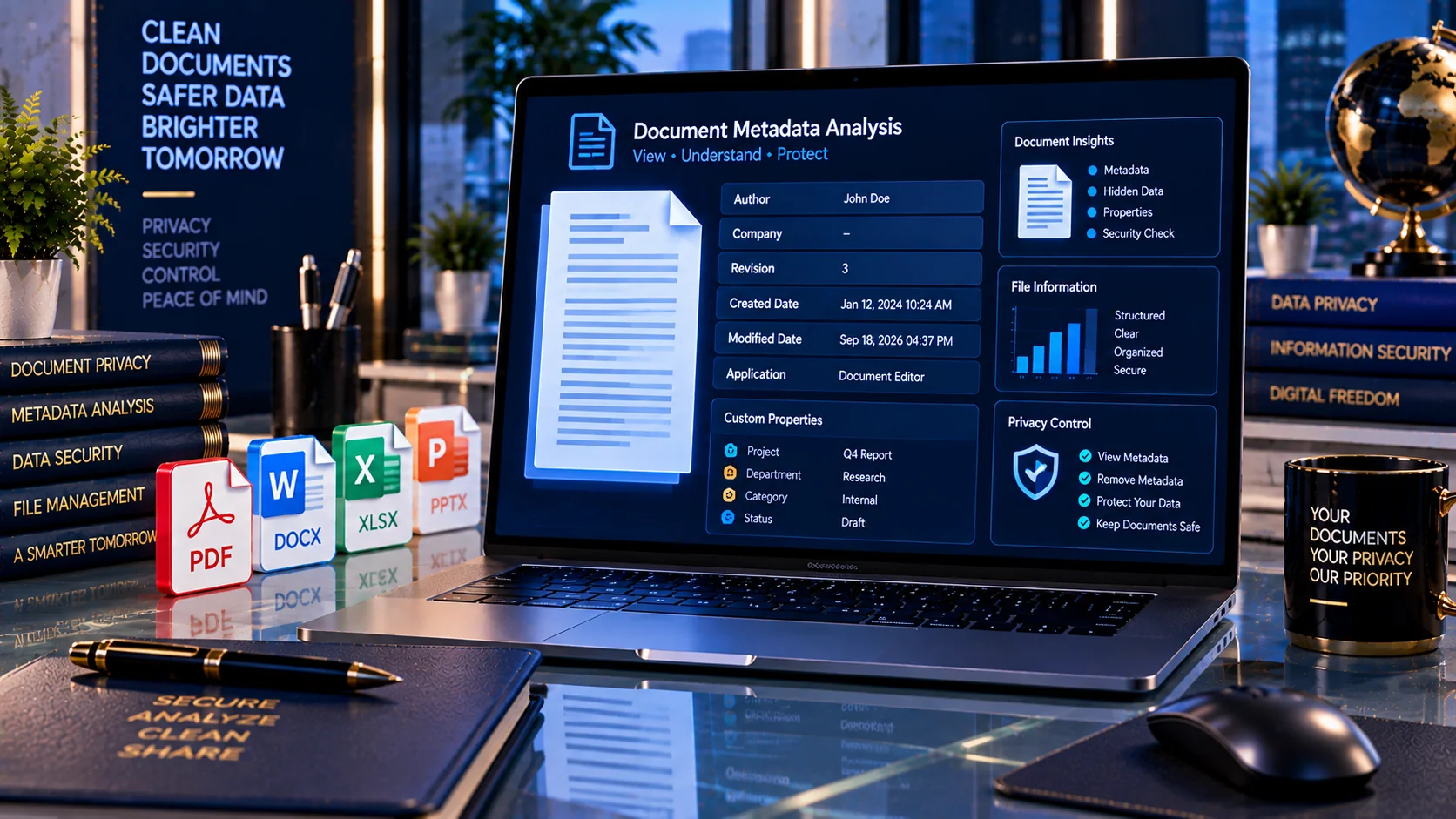 AI Document Metadata Privacy Checker showing hidden author, company, revision and document metadata