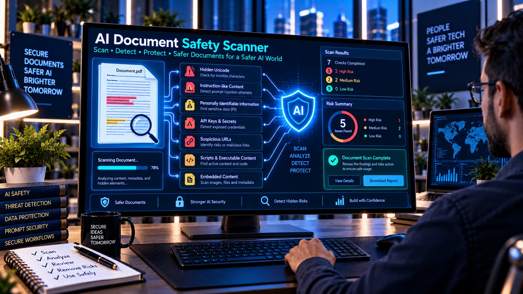 AI Document Safety Scanner checking documents for hidden content, PII, secrets, and security risks