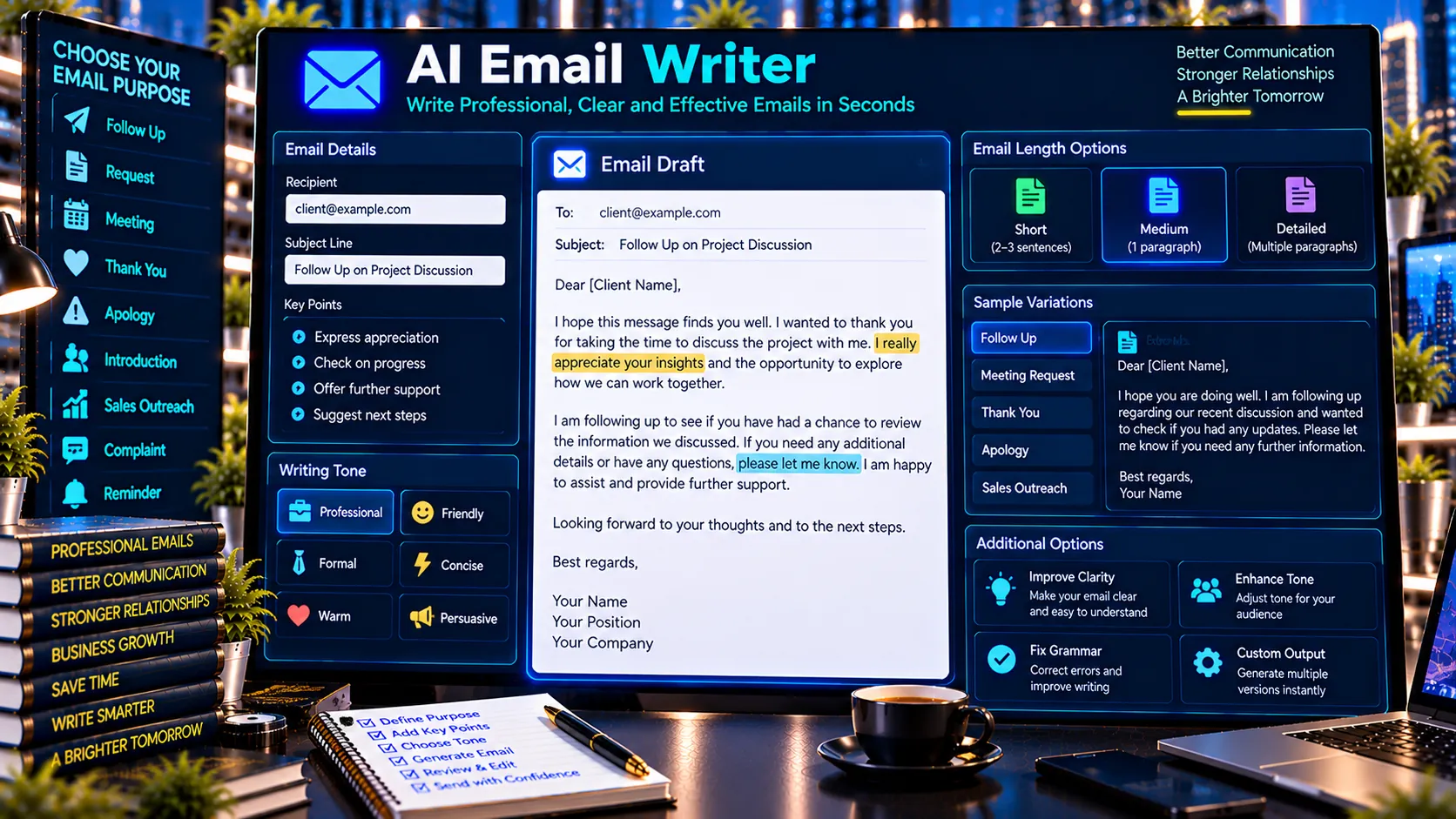 AI Email Writer creating professional email drafts with customizable tone and length