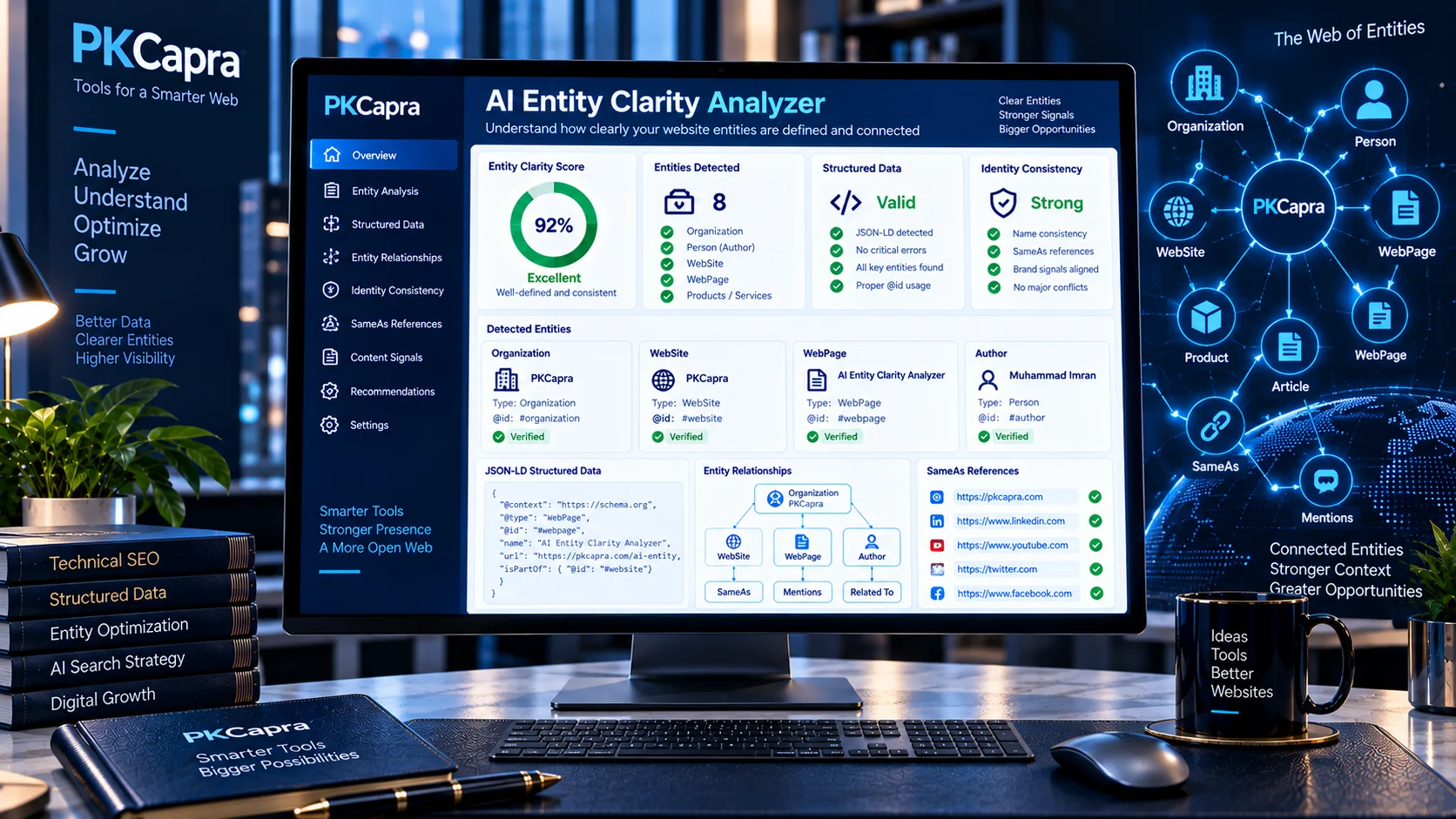 AI Entity Clarity Analyzer checking organization, author, brand and structured data entity signals