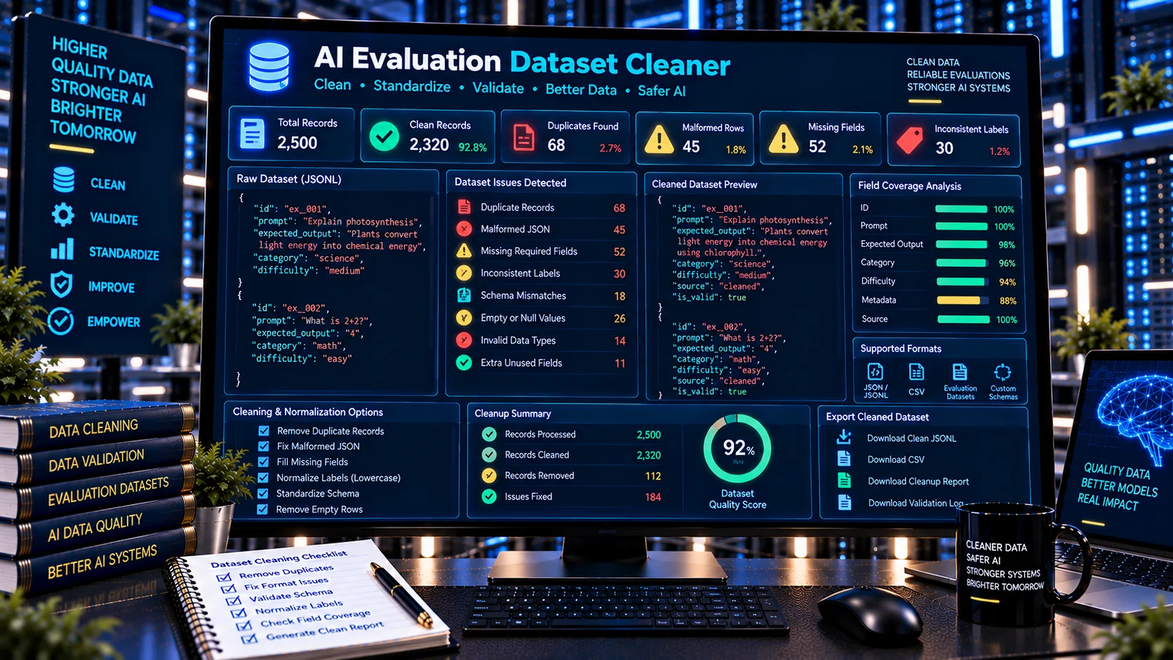AI Evaluation Dataset Cleaner detecting duplicates missing fields and inconsistent labels