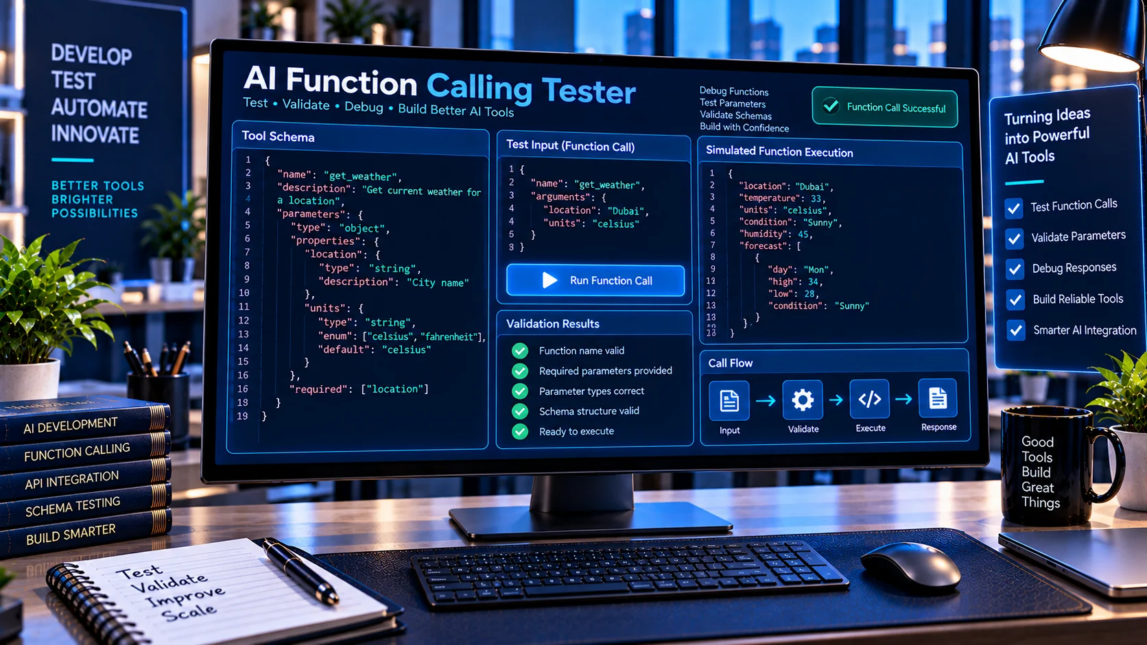 AI Function Calling Tester for validating tool arguments and schemas