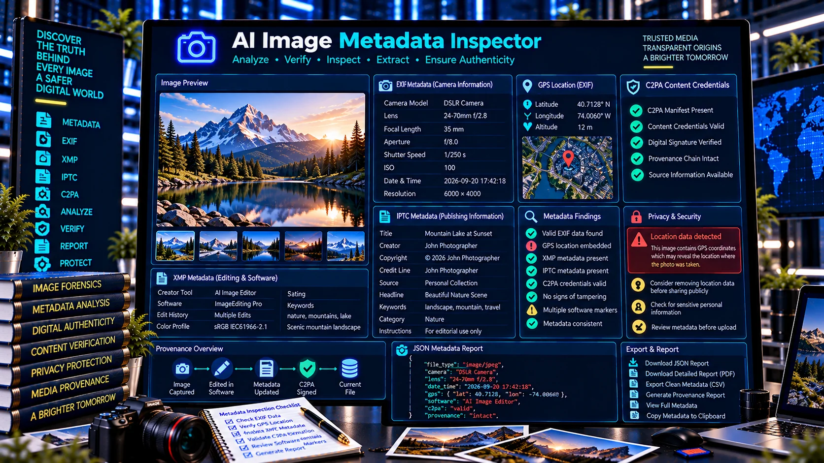 AI Image Metadata Inspector checking EXIF XMP IPTC GPS and C2PA metadata