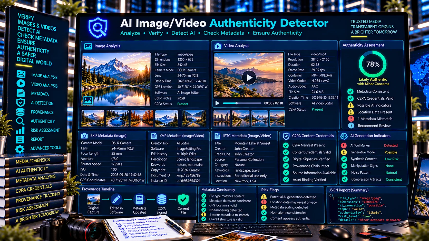 AI Image Video Authenticity Detector checking metadata C2PA provenance and authenticity signals