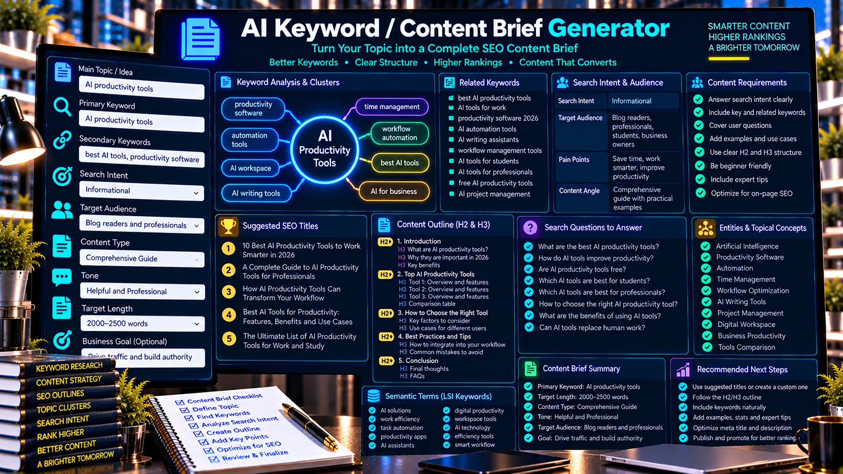 AI Keyword Content Brief Generator creating keywords search intent and SEO content outlines