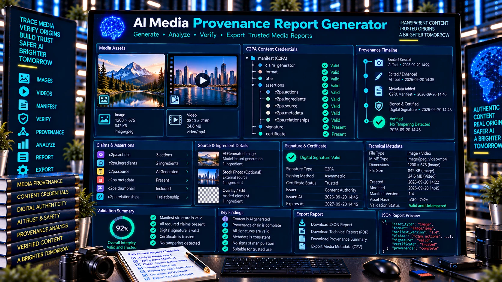 AI Media Provenance Report Generator creating structured C2PA provenance reports