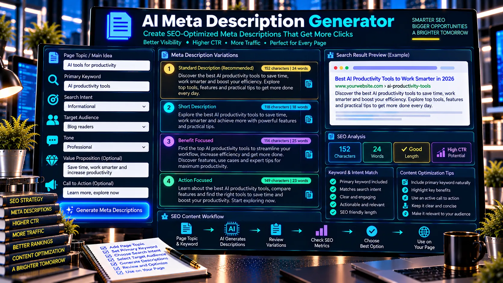 AI Meta Description Generator creating SEO descriptions with keywords and search intent