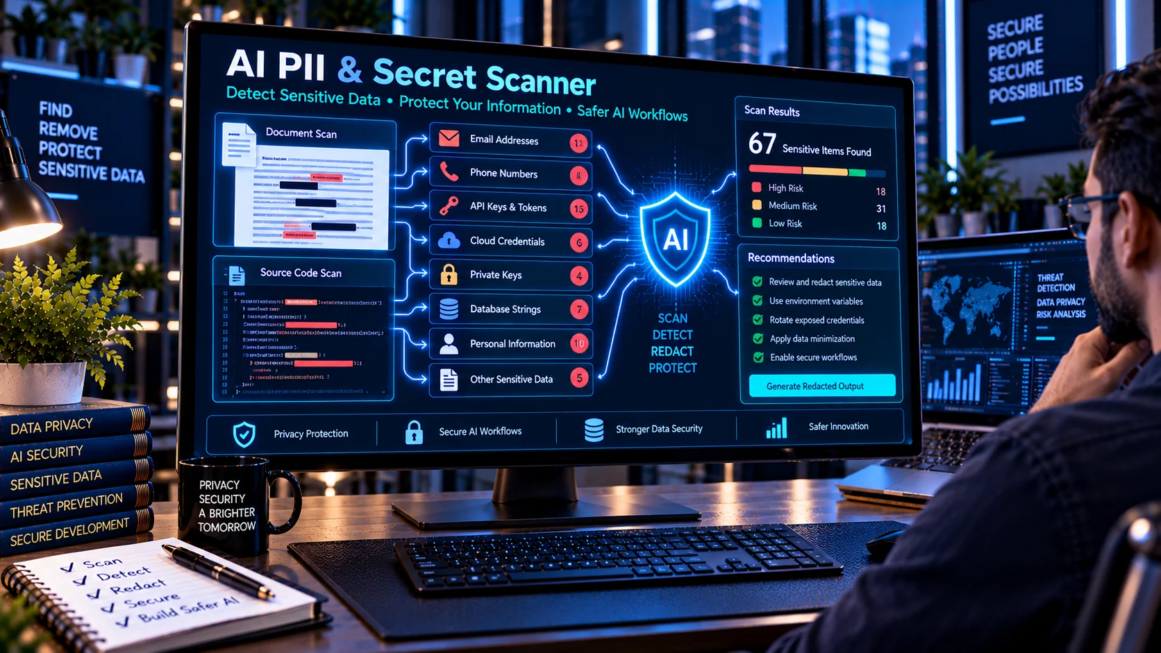 AI PII and Secret Scanner detecting personal information, API keys, tokens, and credentials