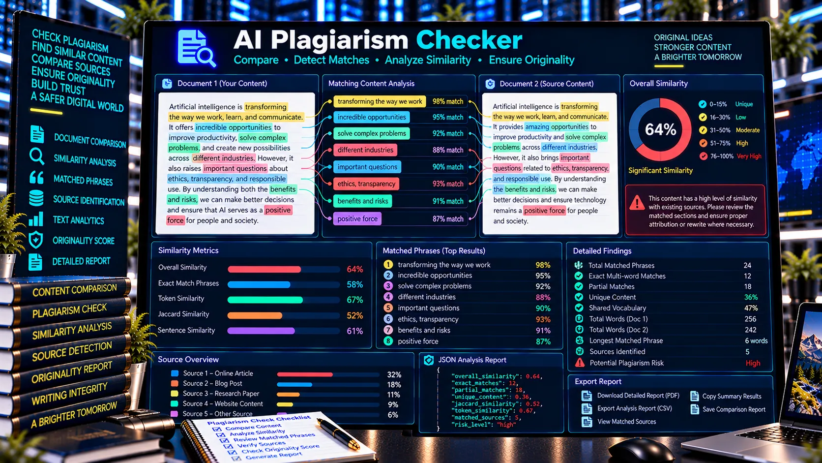 AI Plagiarism Checker comparing text for matching phrases and similarity