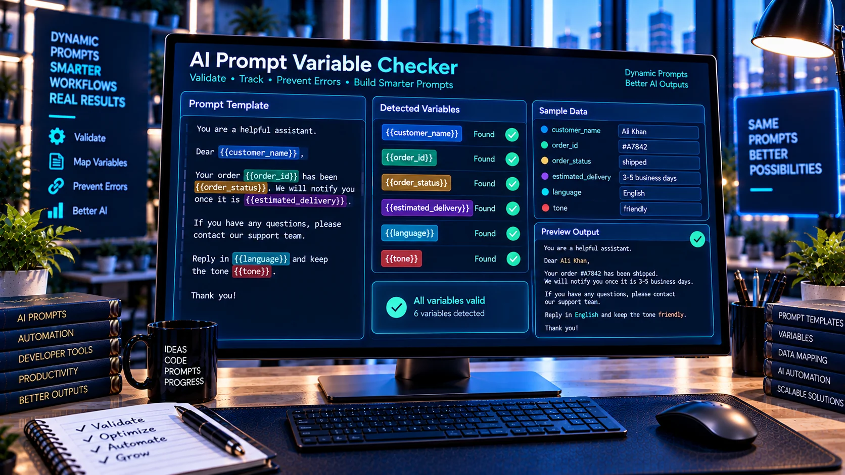 AI Prompt Variable Checker identifying variables in a prompt template