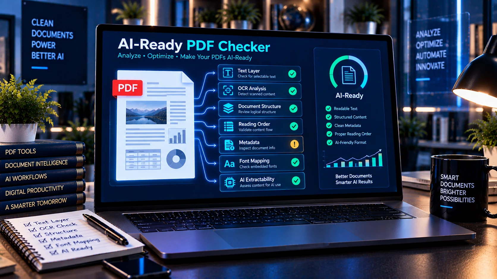 AI-ready PDF checker analyzing text, OCR, structure, and extractability
