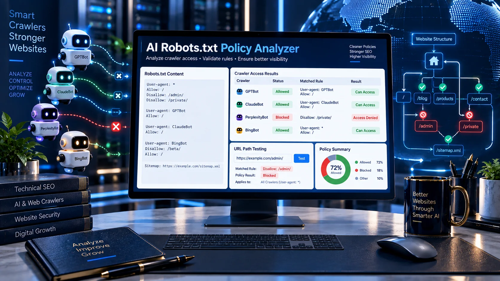 AI Robots.txt Policy Analyzer checking crawler Allow and Disallow rules