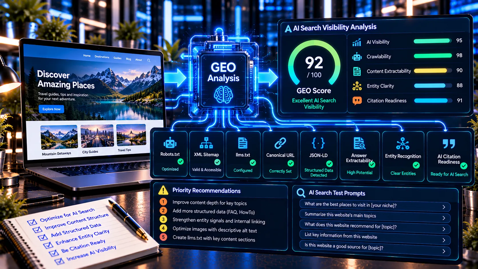 AI Visibility GEO Platform analyzing website AI search readiness and citation signals