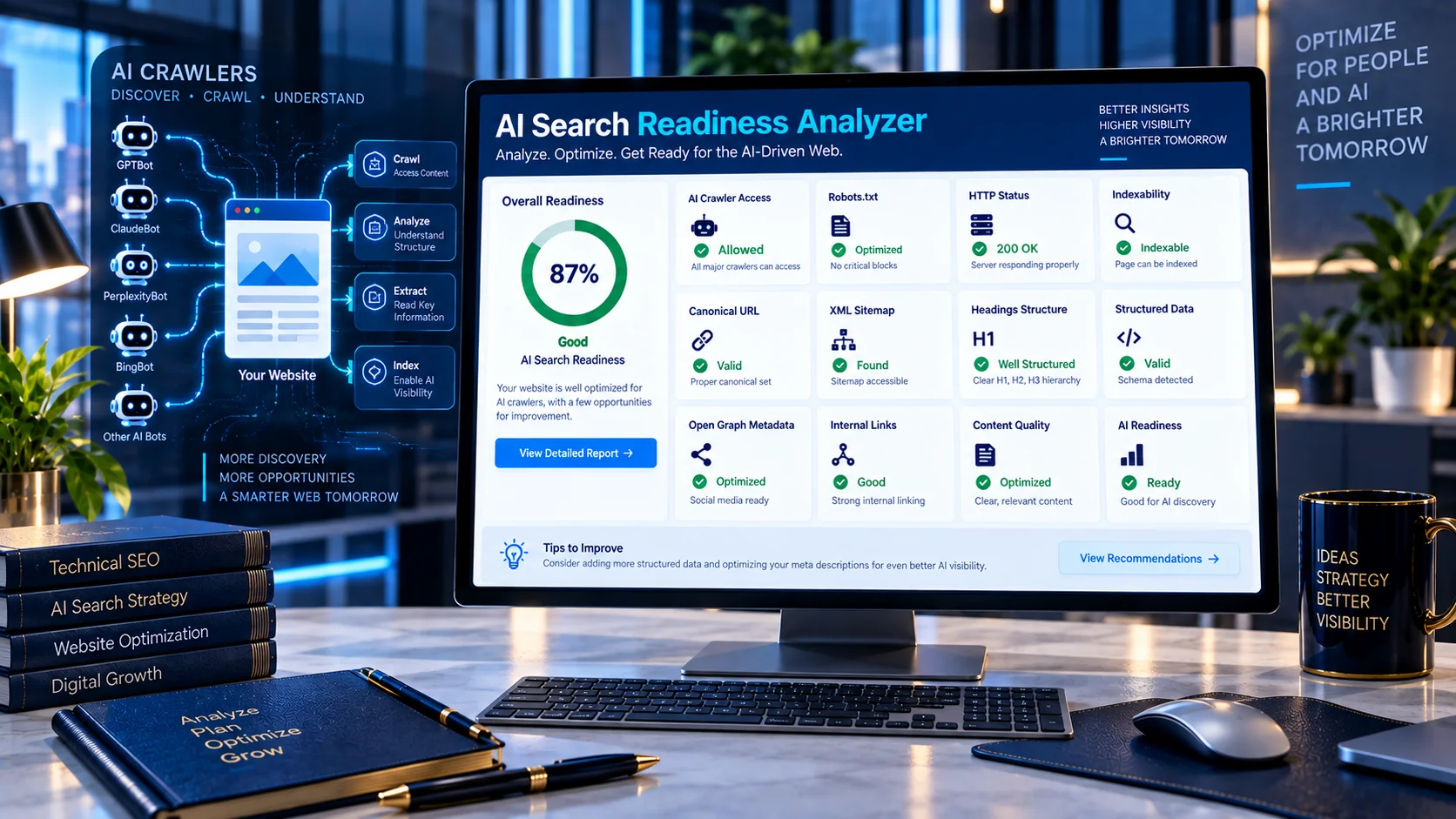 AI Search Readiness Analyzer checking website crawlability, indexability, structured data and content signals