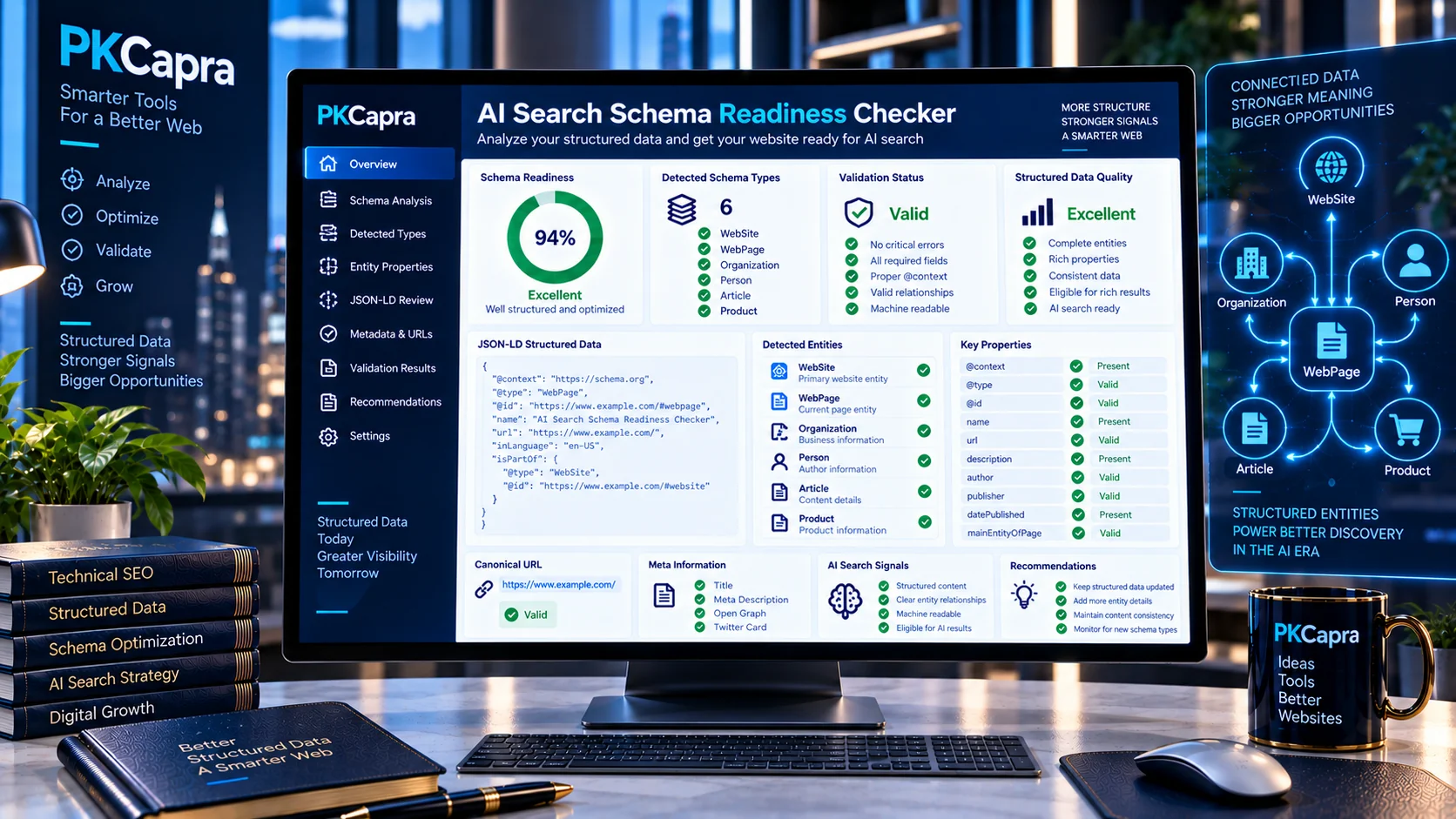 AI Search Schema Readiness Checker analyzing JSON-LD, schema types and machine-readable webpage signals