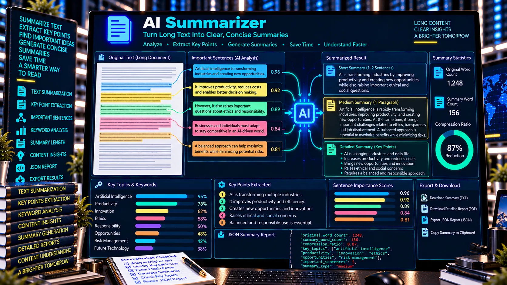 AI Summarizer selecting important sentences and creating a concise text summary