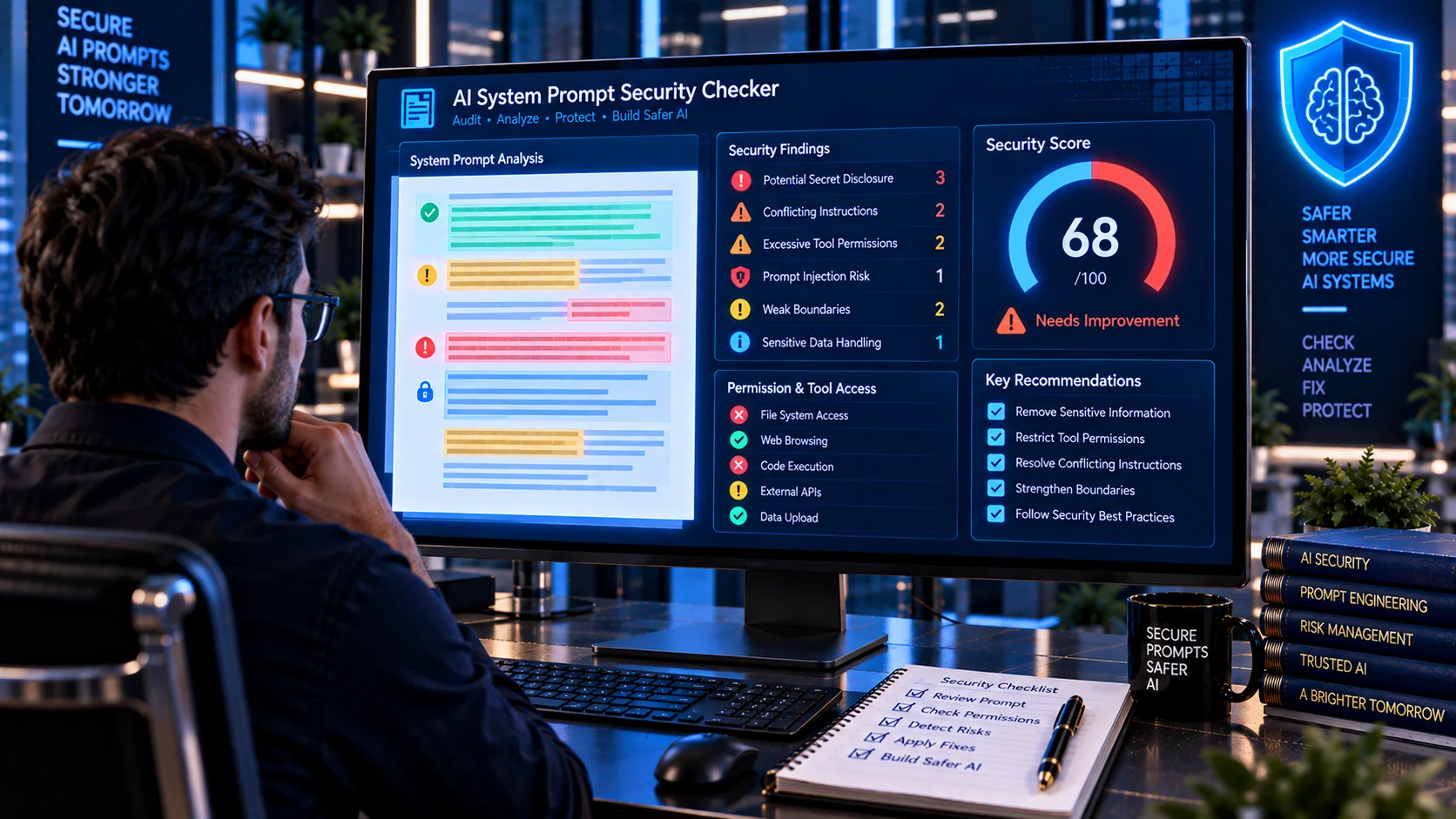 AI system prompt security checker analyzing prompt risks and tool permissions