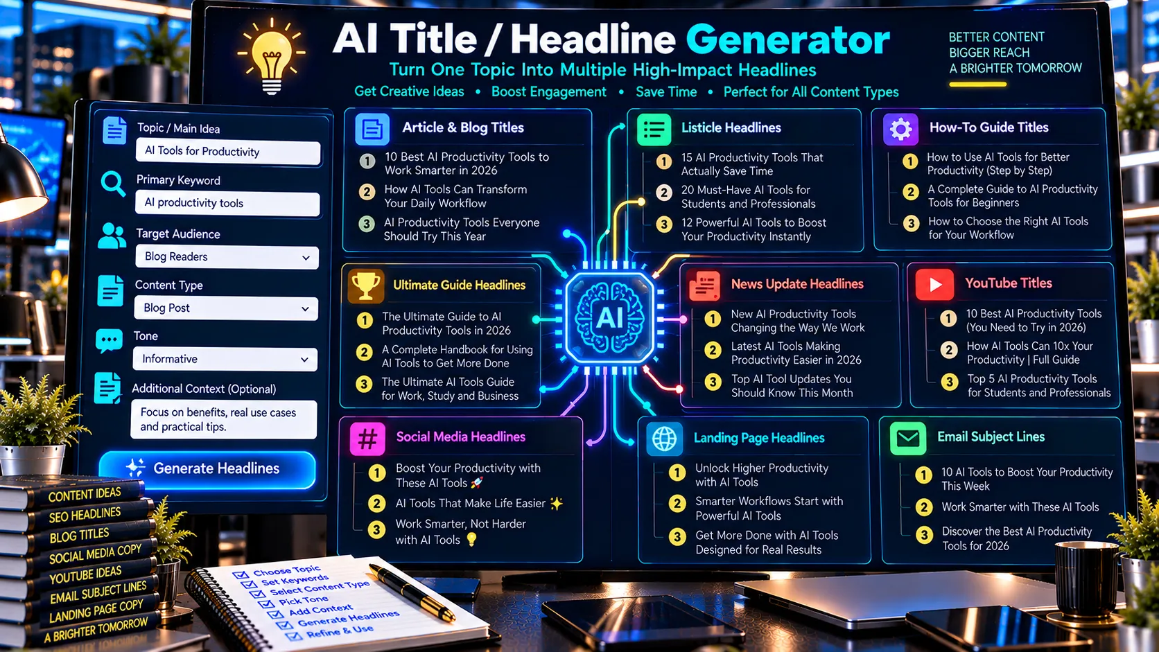 AI Title Headline Generator creating article blog YouTube and email headlines
