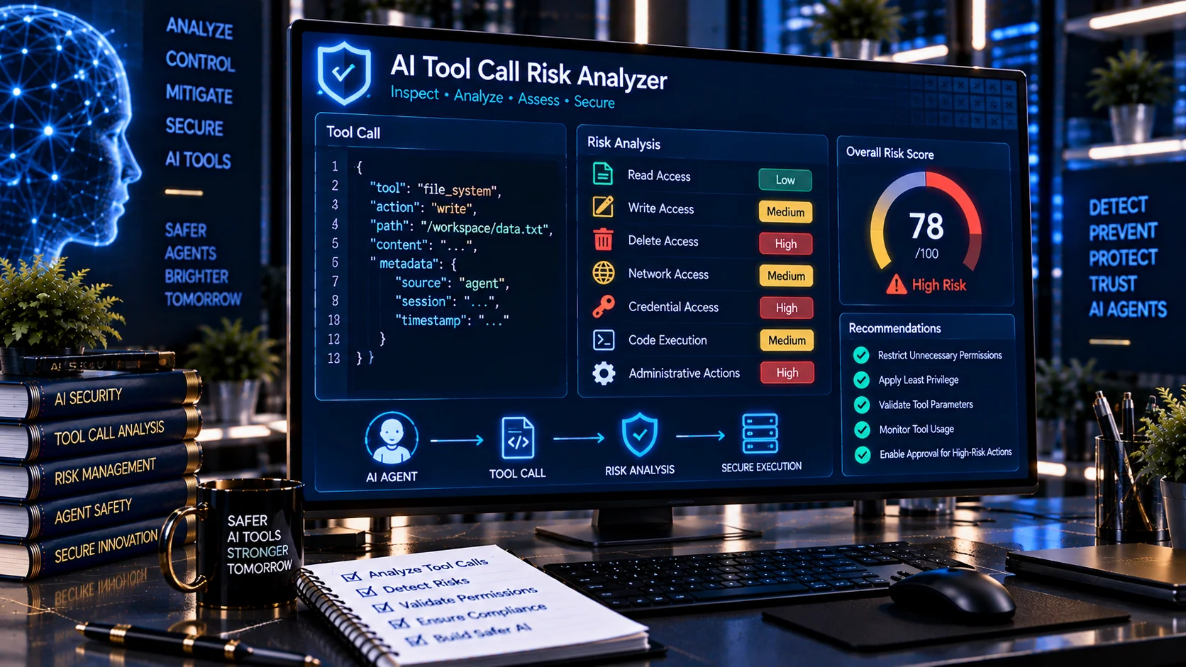 AI Tool Call Risk Analyzer showing security risks in AI agent tool calls