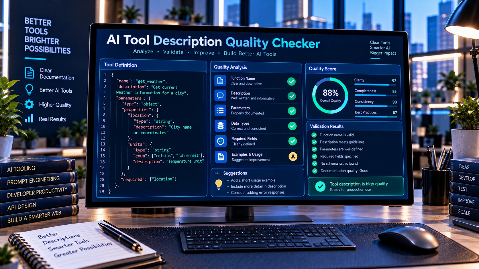 AI Tool Description Quality Checker for reviewing AI function descriptions