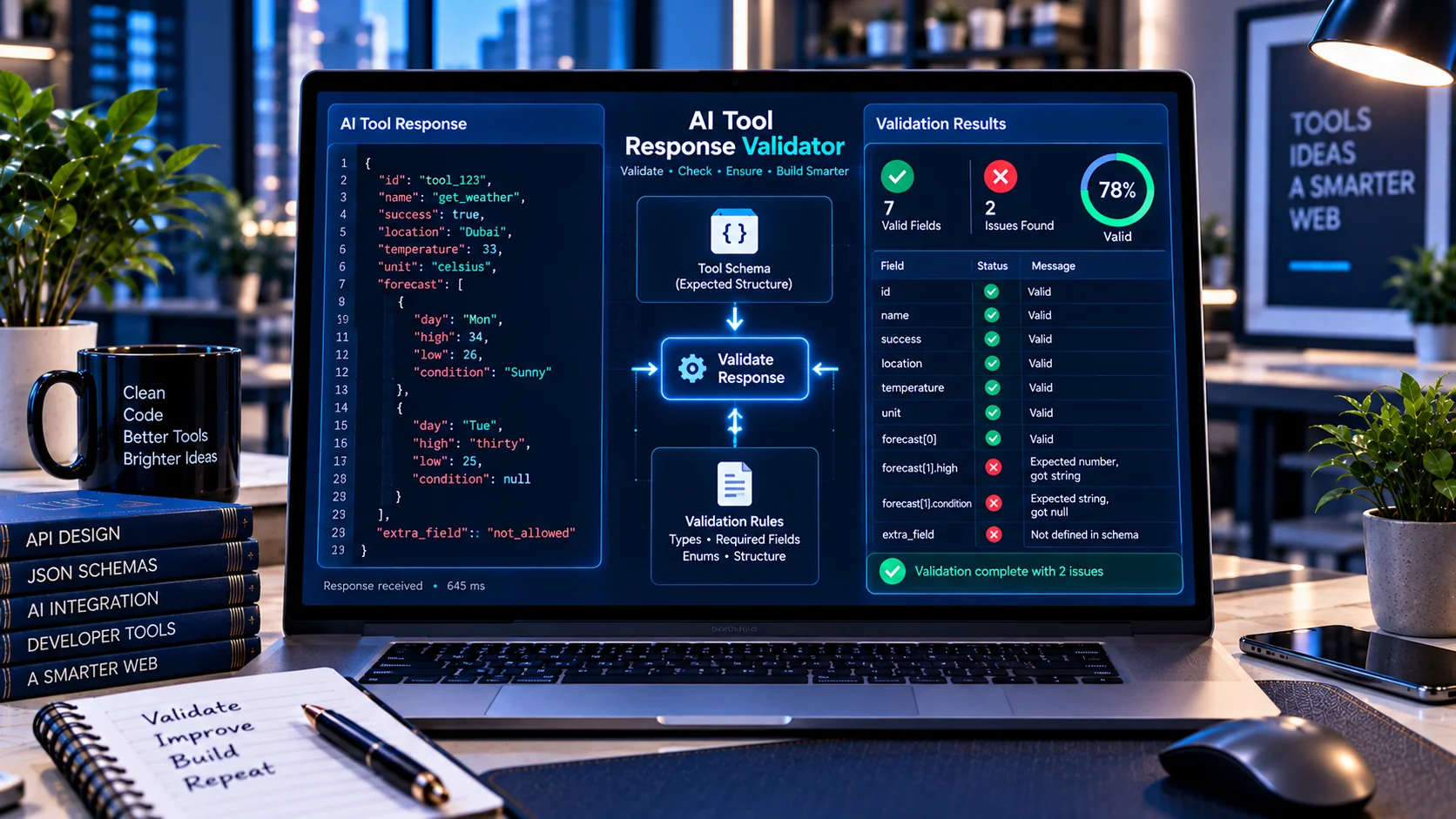 AI tool response validator checking JSON responses against a schema
