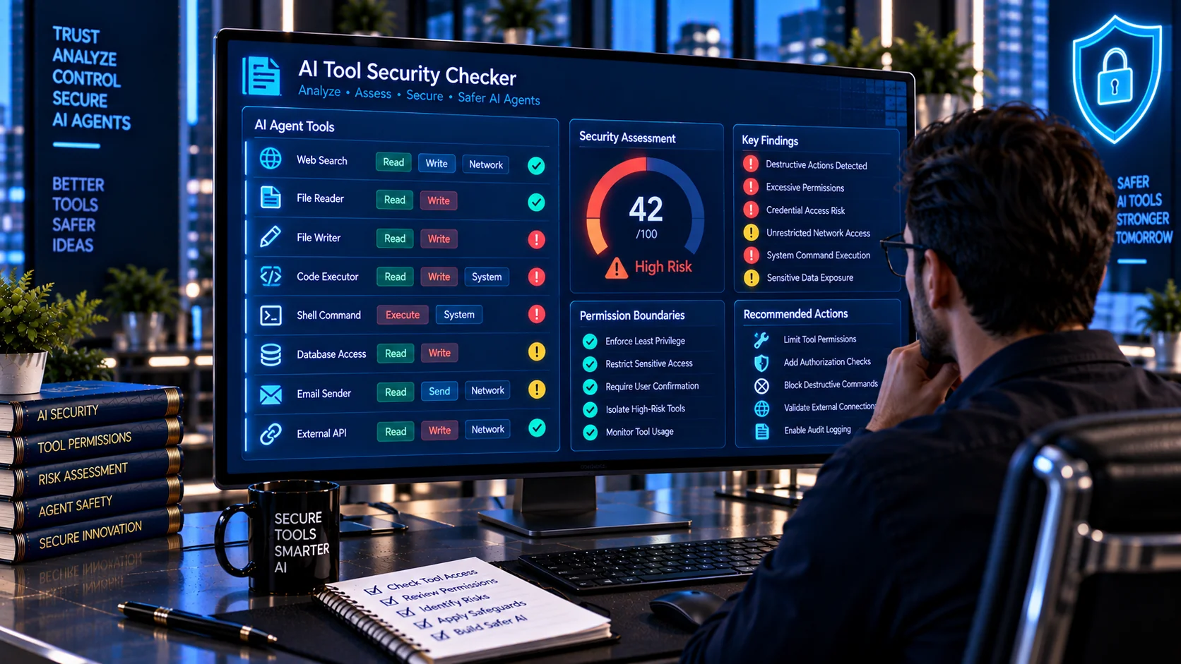 AI tool security checker analyzing permissions and risky agent capabilities