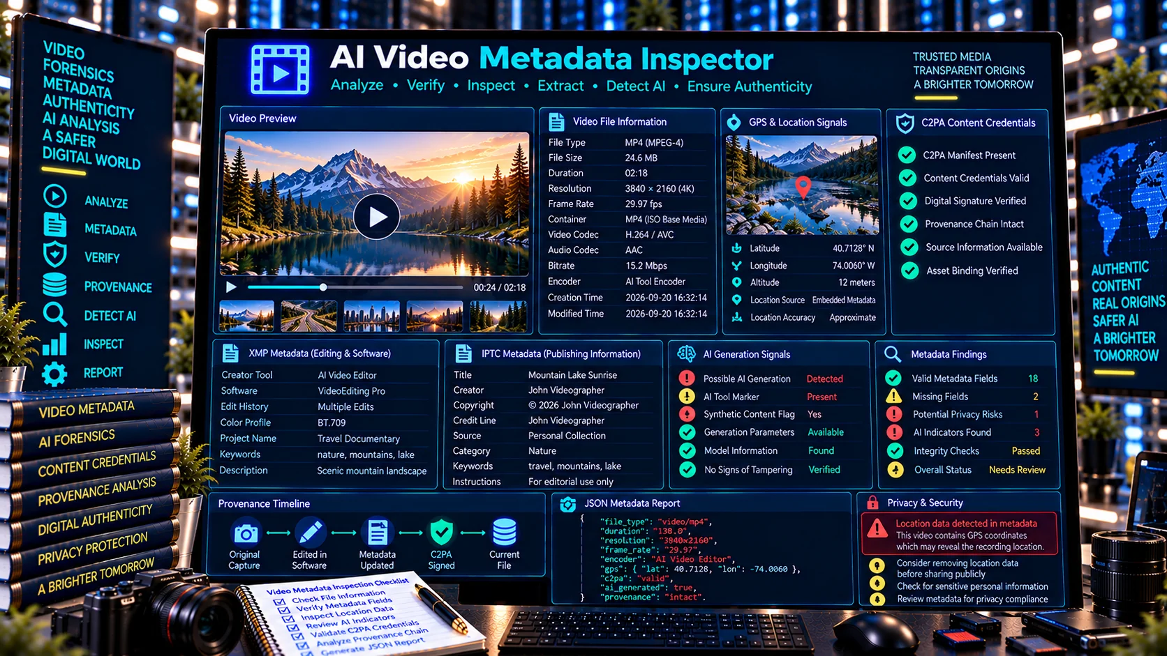 AI Video Metadata Inspector checking video EXIF GPS XMP IPTC and C2PA metadata
