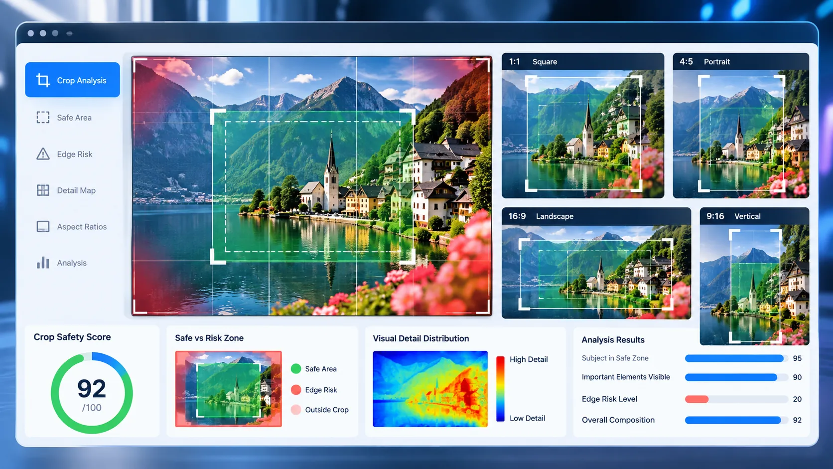 AI Vision Crop Safety Checker showing safe areas, edge risk, and common image crop ratios