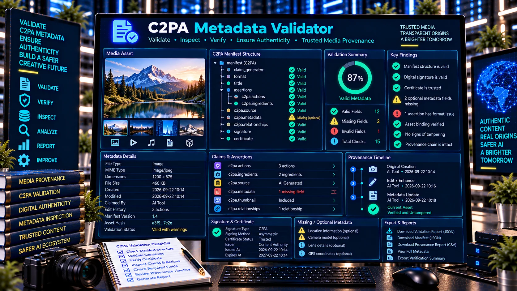 C2PA Metadata Validator checking Content Credentials manifest and provenance fields