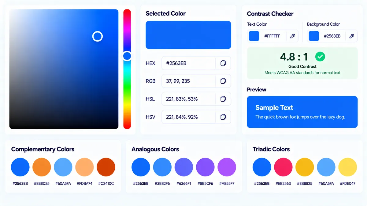Color picker showing HEX RGB HSL HSV values and related color swatches