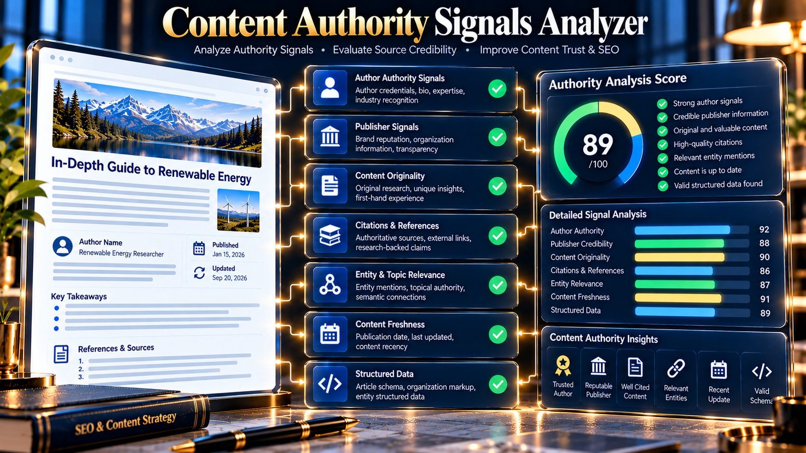 Content Authority Signals Analyzer reviewing author expertise evidence transparency structured data and freshness signals