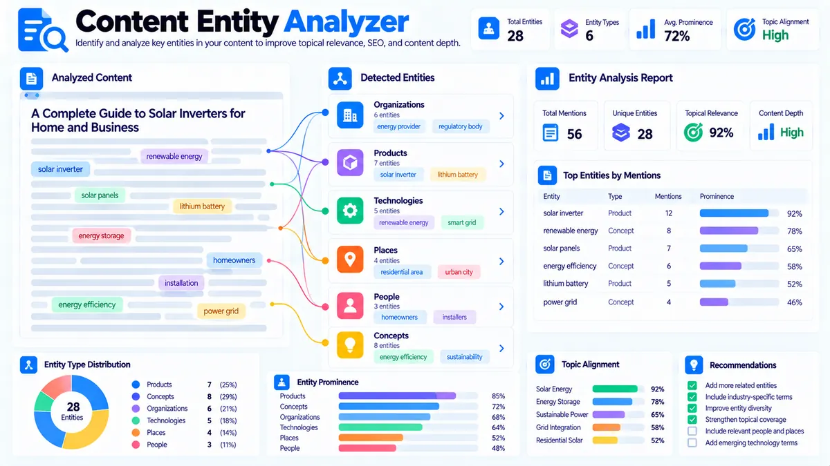 Content Entity Analyzer showing detected entities, categories, prominence, and topic alignment