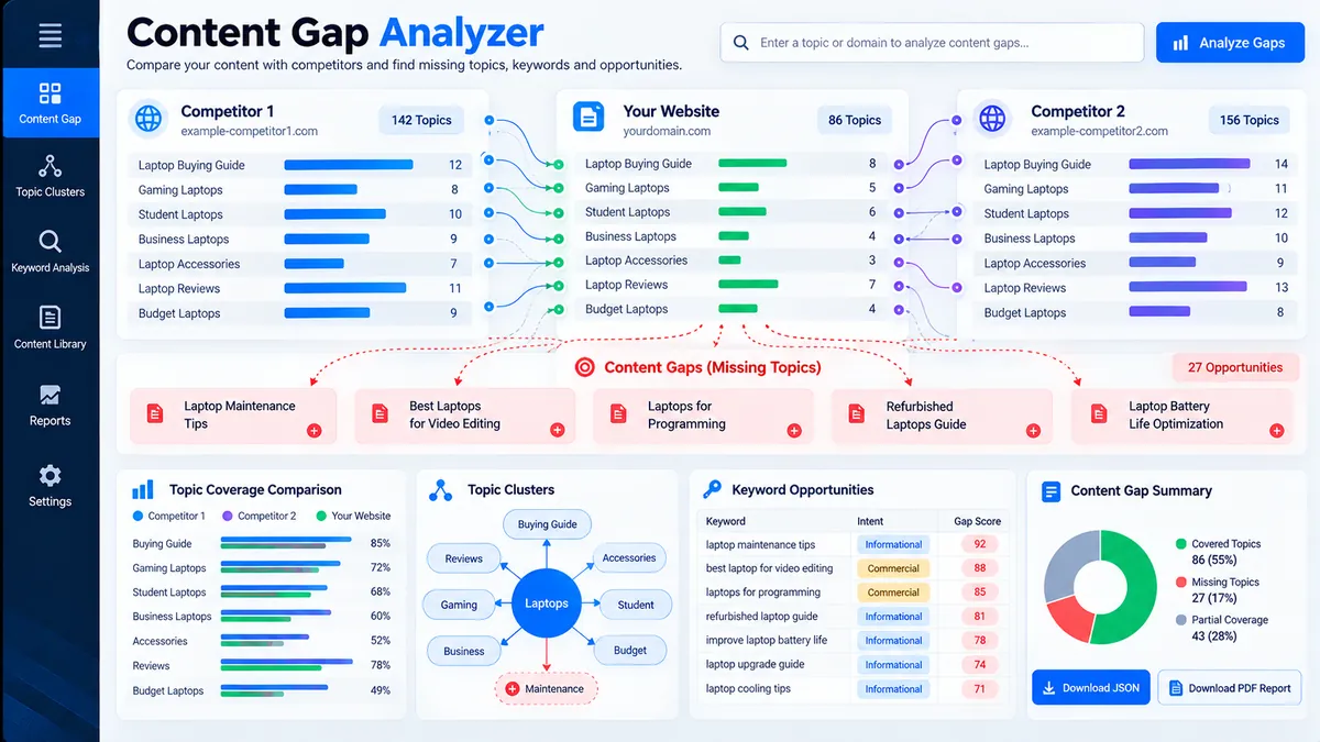 Content Gap Analyzer comparing existing content topics with competitor topic sets